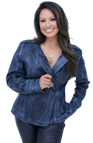 Women’s Blue Beauty Leather Jacket CC Pocket #LA60624GU