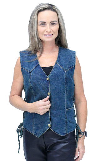 Women’s Blue Denim Side Lace Biker Vest #VLC40012LU