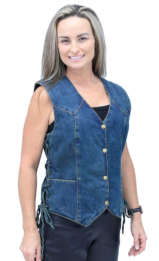 Women’s Blue Denim Side Lace Biker Vest #VLC40012LU