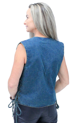 Women’s Blue Denim Side Lace Biker Vest #VLC40012LU