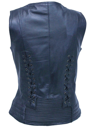 Women’s Eyelet Trim Laced Up Black Leather Vest #VL6985ELK (S,3X)