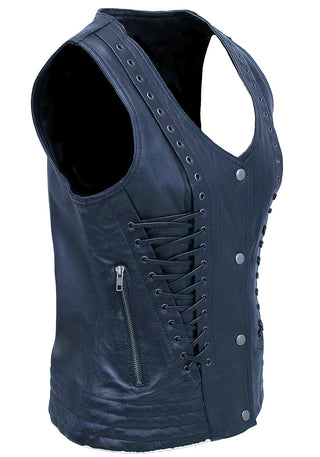 Women’s Eyelet Trim Laced Up Black Leather Vest #VL6985ELK (S,3X)
