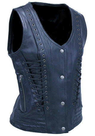Women’s Eyelet Trim Laced Up Black Leather Vest #VL6985ELK (S,3X)