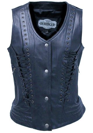Women’s Eyelet Trim Laced Up Black Leather Vest #VL6985ELK (S,3X)
