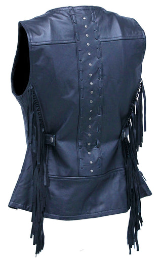 Women’s Fringe Leather Long Vest with Concealed Pocket #VL1104RFK