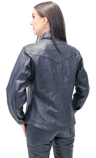 Women’s Long Black Leather Shirt #LS42SK