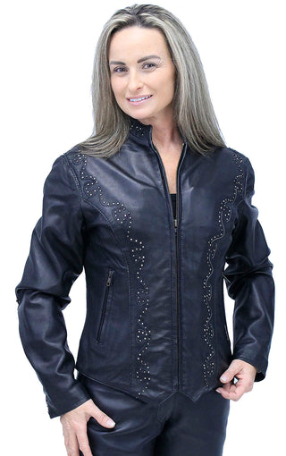 Women’s Scallop and Mini Stud Trim Leather Jacket #L2302GSK