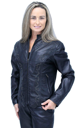 Women’s Scallop and Mini Stud Trim Leather Jacket #L2302GSK