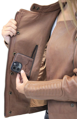 Women's Soft Brown Lambskin Zip Snap Motorcycle Jacket #L1587N  (S-5X)