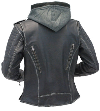 Women's Vintage Vented Concealed Pockets Motorcycle Jacket with Hoodie #LA2516VHK