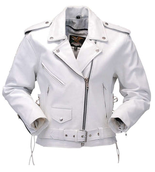 White Leather Motorcycle Jacket w/Side Lace #L6027LW